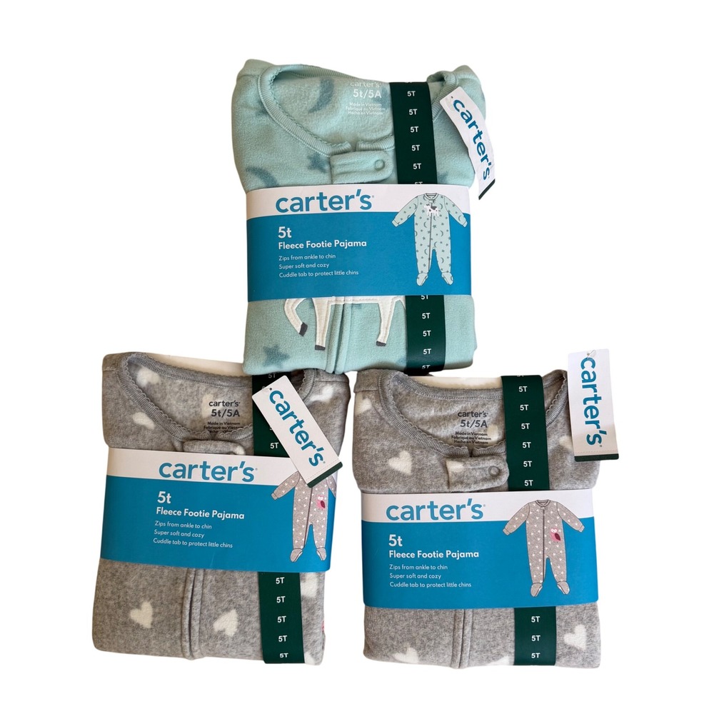 NWT Carters 5T Fleece Footie Pajama 3 Pack Gray Heart Owl Mint Star Horse Bundle